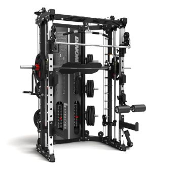 Binom Steel Force B14 Multigym, Double Pulley (90,5 kg), Power Rack, Multipower, Beinpresse, Rudern und Zubehör