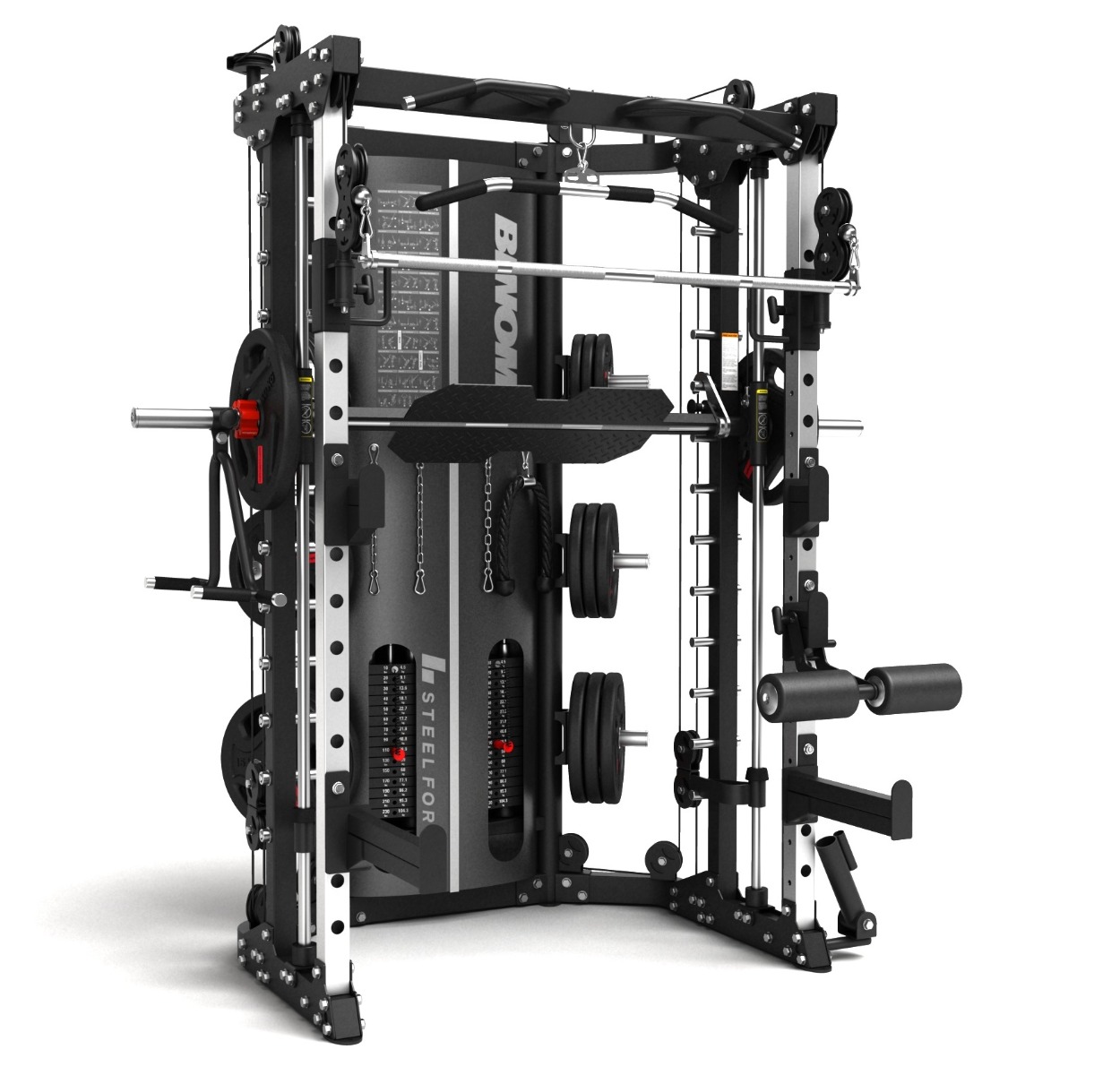 Binom Steel Force B14 Multigym, Double Pulley (90,5 kg), Power Rack, Multipower, Beinpresse, Rudern und Zubehör
